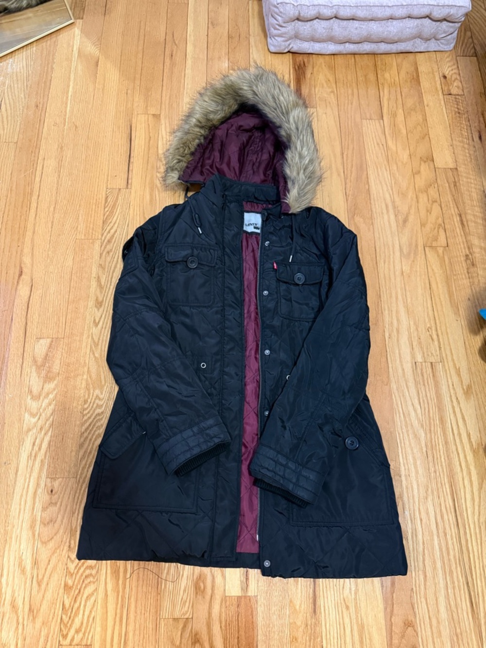 Levi's Black Parka with Faux Fur Hood and Burgundy Lining